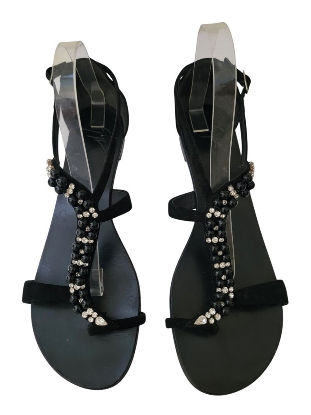 Giuseppe Zanotti Black Leather Strappy Crystal Beaded Flat Sandals Women's Sz 41 - Picture 2 of 9